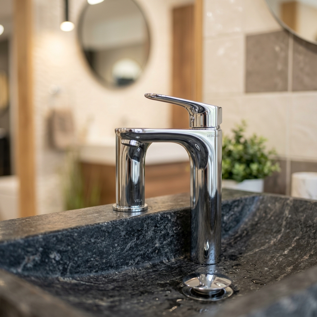 Designer bath and basin faucets in a refined bathroom