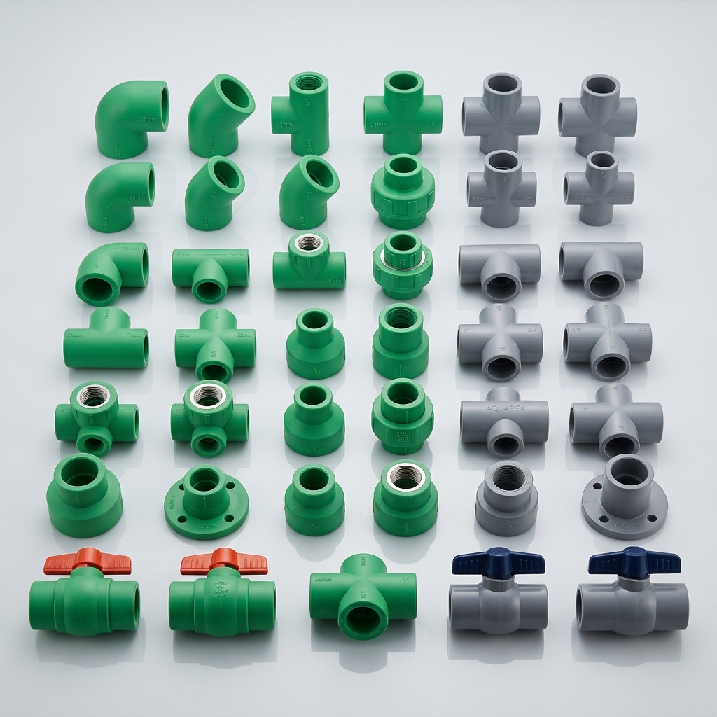 PPR and PVC pipe fittings — elbows, tees, reducers and valves